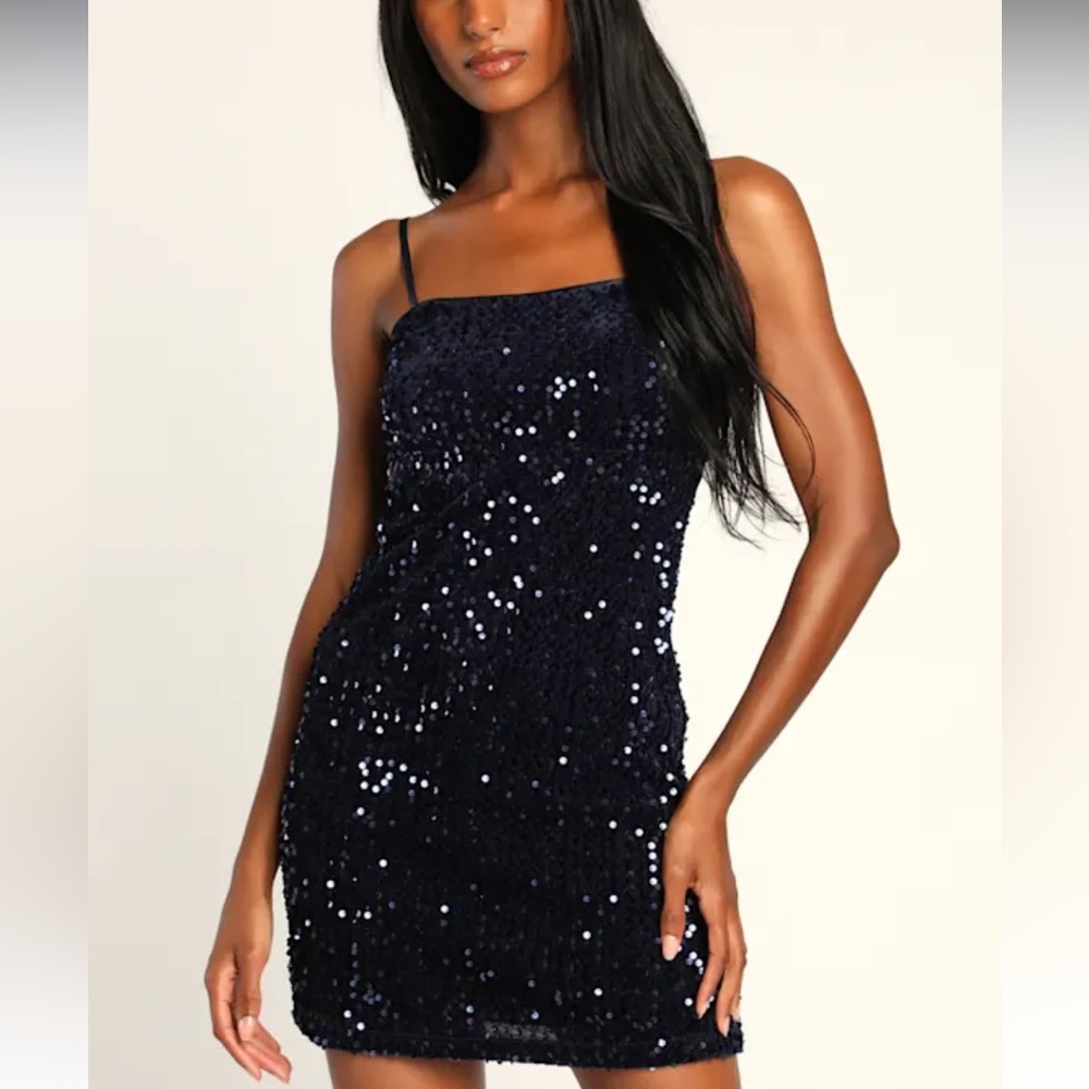 Lulus Sparkling Sophistication Navy Blue Sequin Sleeveless Mini Dress Medium M - Picture 1 of 12